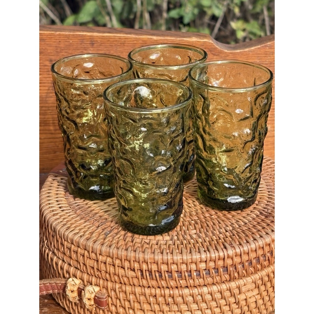 Vintage 1960's Anchor Hocking 4 Milano Lido Small Avacado Green Juice Glasses